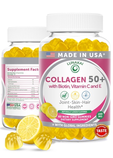[BRSROBILOJ7BQHYY] Lunakai USA Made Collagen Gummies for Women & Men Over 50, Biotin & Vitamin C, Supports Skin Elasticity, Hair & Nail Strength, Joint Support, 60ct