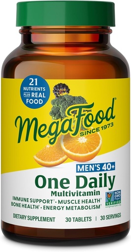 [BRSWIYD7CB5W2F3G] MegaFood Men's 40+ One Daily Multivitamin for Men with Vitamin B, D3 bitamina, Selenium, Zinc & Real Food - Immune euskarria, Energia Metabolismoa eta Muscle & Bone Health - Non GMO; Vegetarian - 30 Tabs