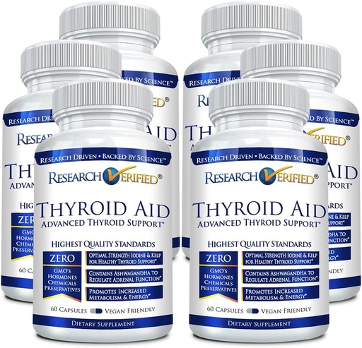 [BRSWKZYQOAHA23DO] Research Verified® Thyroid Aid - Optimal Thyroid Function with Iodine, Copper & Zinc - 260 mcg Selenium - 100% Pure - Vegan Friendly - 60 Capsules Per Bottle - 6 Bottles