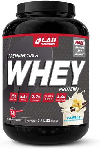 [BRSW2HYTCMGWAYLP] Lab Nutrition Premium, 100% Whey Protein Powder, Costruire muscl, Gluten Free, 25 g Protein, Delicious Vainilla Flavor, 5.7 Lbs - 74 Serve.