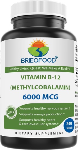 [BRSRA2YCCACQGCI4] Brieofood Vitamin B-12 (Methycoballamin) 6000 mcg- 240 Tablets. Non-GMO, and Gluten Free