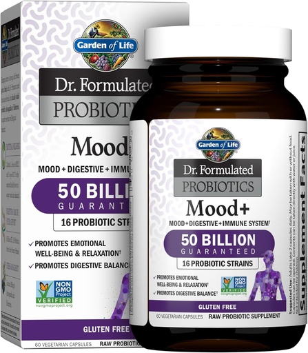 [BRSWKYQEPIAG2FI5] Jardín de la vida Dr. Probióticos Formulados Mood+ Acidophilus Probiótico Suplemento - Promueve Relajación y Equilibrio Digestivo - Ashwagandha para el manejo del estrés - No GMO, Gluten Gratis - 60 Veggie Caps