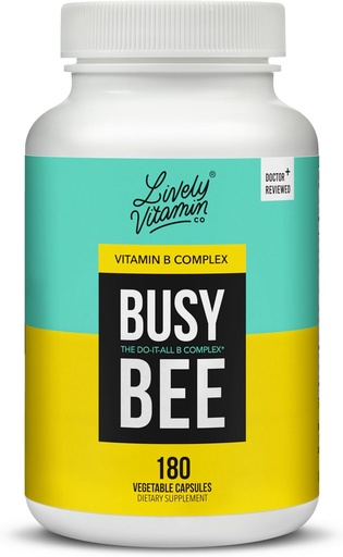 [BRSW2HQNAQPQ4GY2] LIVELY VITAMIN CO. Busy Bee - Highly Bioavailable Vitamin B Complex with Choline - Energy - Stress - Brain Fog - Mental Clarity - Oxidative Damage - Dairy Soy Gluten Free - 180 Vegan Capsules