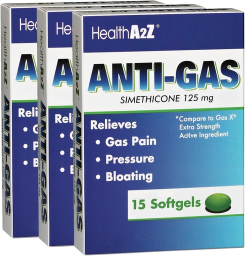 [BRSROBD3O4HBED35] HealthA2Z® Gas Relief Simethicone | 125mg | Relieves from Stomach Discomfort and Gas | Anti Flatulence | Relieves Gas Fast and Bloating (15 Counts (Pack of 3))
