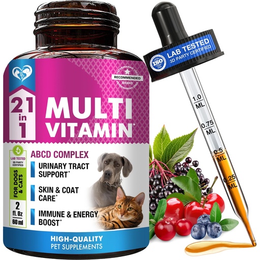 [BRSROZTQAFYQOEQU] Cat & Dog Multivitamin Liquid with Glucosamine & Cranberry | 21 in 1 Health Supplements for Urinary Tract Kidney, Bladder, Hip & Joint, Skin & Coat | Natural UTI Medicine (60 ml)