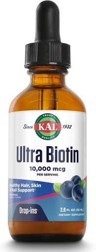 [BRSWKEAGCQDAMYLE] KAL Ultra Biotin 10000mcg DropIns, Рідкий Біотин краплі, Доповнення росту волосся, Висока потенції вітамін B7, Здорове волосся, шкіра, нігті та енергетична підтримка, Натуральний змішаний Беррі Flavor, Approx. 59 Сер, 2oz