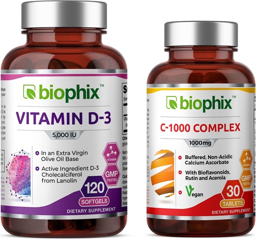 [BRSWGEDRDMFR43LH] biophix Vitamin D-3 5000 IU 120 Softgels - Free Vitamin C-1000 30 Tablets - High-Potency in Extra Virgin Olive Oil Non-GMO Soy-Free Supports Strong Bones Immune Health