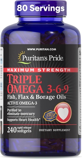 [BRSWIEYTOJ4QOCDM] 清教徒的"荣耀精华"(Pridium Premium 最大强度三重活性Omega 3-6-9 Fish, Flax, and Borage Oils),心,关节和细胞健康支持的饮食补充,240快速释放软胶