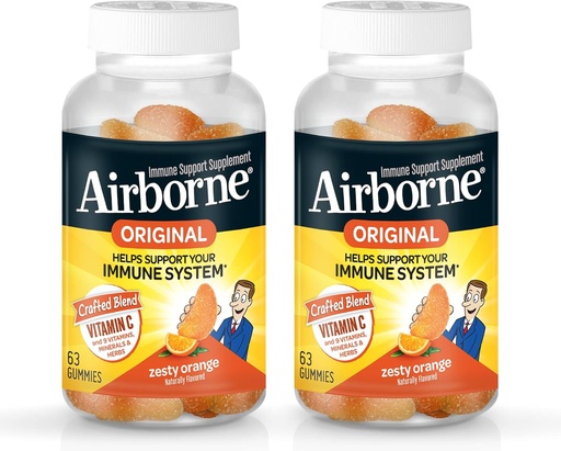 [BRSWGYAKOV5BSE3U] Airborne 750mg vitamín C Imunitní Supplement Gummies pro dospělé, Zesty Orange Flavor, Gluten zdarma Vyrobené míchání s výkonnými antioxidanty Vitamíny A C & E, 63 Gummies (2 balení)