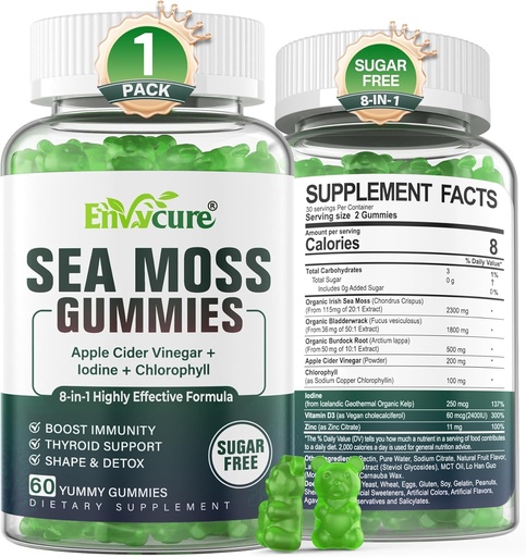 [BRSW2Y33CMDWY3TZ] 1Pack Sea Mos Gummies Sugar- Free, thêm sức mạnh Ireland Moss Gel Phụ trợ với Imdine, chlorophyll, Uncovered ACV, D3, Burdock Root, Bladderwrack cho Imune, Digestive, Da, tóc, Det bổ sung, Vegan