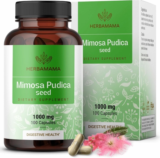 [BRSWGBQPAFYQIET6] HERBAMAMA Mimosa Pudica Seed Capsules - 1000mg Mimosa Pudica Extract Powder for Digestive Cleanse & Detox - Vegan, Non-GMO Digestive Support Supplement, 100 Caps
