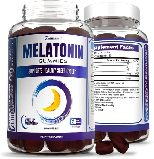[BRSROFINBEPWCYLH] Zammex Melatonin Gummies 5mg | 60 Count | Sleep Supplement for Adult | Drug Free Sleep Aid Gummy | Natural Berry Flavor | Vegan, Non-GMO, Gluten Free