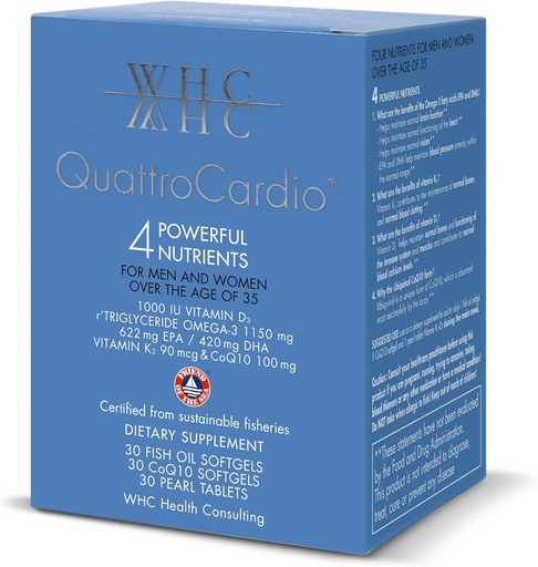 [BRSWKEAAOFYWC2YV] WHC QuattroCardio Omega-3 1200 mg, Vitamin D3 1000 IU, EPA 600 mg, DHA 495 mg, Vitamin K2 90 mcg, CoQ10 100 mg, Natural Orange, 30 Fish Oil Softgels, 30 CoQ10 Softgels & 30 Pearl Tablets Vitamin K2+D3