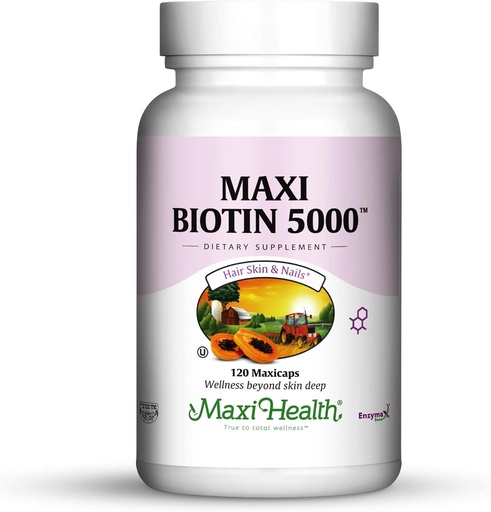 [BRSWEC37OANQKYLG] Maxi Health Biotin 5000 mcg - 머리 피부와 손톱 여성 & 남성을위한 비타민 - 머리 성장, 강한 손톱 및 건강한 피부를위한 높은 효능 비타민 B7 보충 - Kosher, 의사 공식화 - 120 캡슐