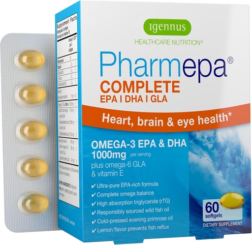 [BRSWIFTRCR4RMHL6] Igennus Pharmepa Complete EPA 668mg & DHA 334mg Omega-3 Fatty Acids 1000mg, IFOS Certified, rTG Form, High Potency Fish Oil Plus Omega-6 & 9 from GLA Evening Primrose Oil, Lemon Flavor, 60 Softgels