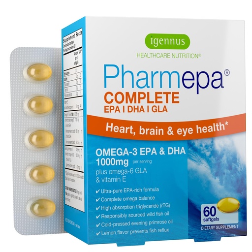 [BRSWIFTRCR4RMHL6] Igennus Pharmepa rtg Omega 3 EPA DHA Fatty Acids 1000mg, IFOS Certified, High Potency Wild Fish Oil with GLA Evening Primrose Oil, Lemon Flavor, 60 Softgels