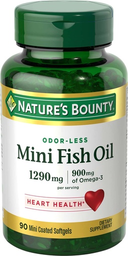 [BRSWIZYHOMNRGCDE] Nature's Bounty Mini Fish Oil Softgels, Burpless Fish Oil Omega 3 Supplements, Supports Heart Health, 90 Softgels (Pack of 1)