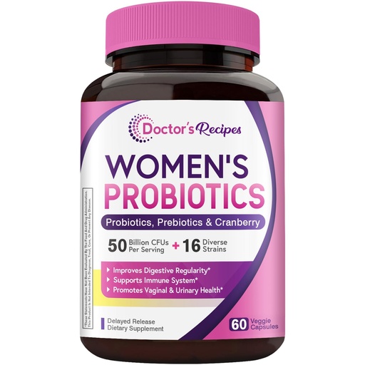 [BRSWGCY6BEJR4F3U] Doctor's Recipes Women's Probiotic, 60 Caps 50 Billion CFU 16 Strains, with Organic Cranberry, Digestive Immune Vaginal & Urinary Health, Shelf Stable, Delayed Release, No Soy Gluten Dairy