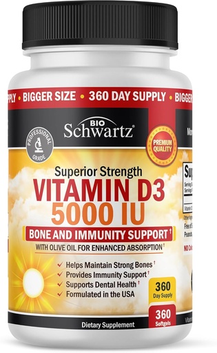 [BRSWGZT6BBYRQETH] Vitamin D3 5000 IU (125 mcg) Natural Immune Support Supplement, Bone Strength, Healthy Muscle Function, with Olive Oil for Highest Absorption, Gluten Free & Non-GMO, 1 Year Supply, 360 Softgels