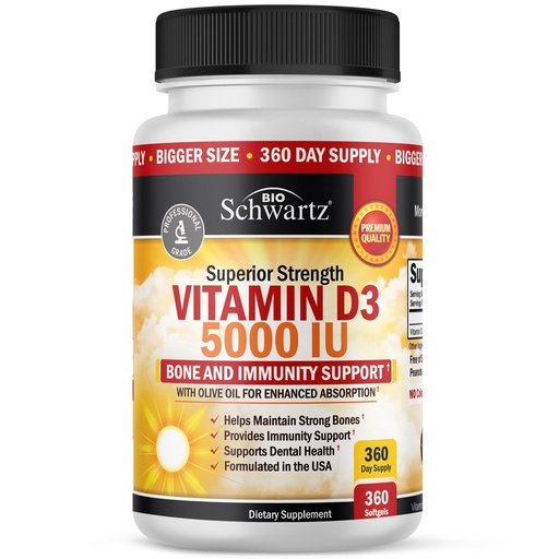 [BRSWGZT6BBYRQETH] Vitamin D3 5000 IU (125 mcg) Natural Immune Support Supplement, Bone Strength, Healthy Muscle Function, with Olive Oil for Highest Absorption, Gluten Free & Non-GMO, 1 Year Supply, 360 Softgels