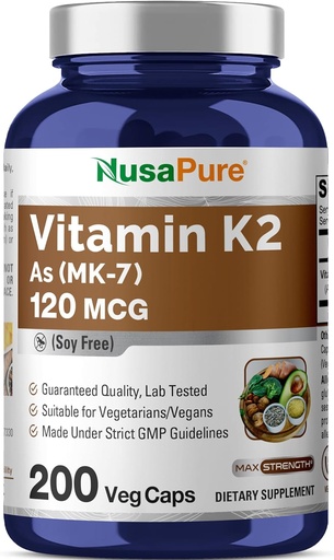 [BRSWG2QRB4ORY2DP] NusaPure Vitamin K2 MK7 120 mcg 200 Veggie Caps (Soy Free, Non-GMO, Vegan) (英语).