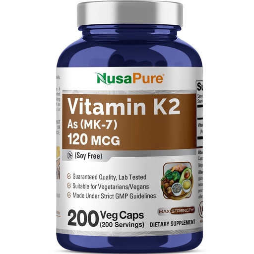[BRSWG2QRB4ORY2DP] NusaPure Vitamin K2 MK7 120 mcg 200 Veggie Caps (Soy Free, Non-GMO, Vegan)