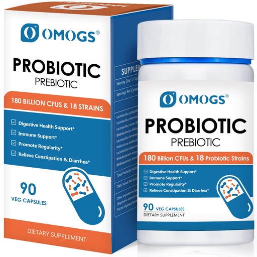 [BRSRMZDROQGQICTL] OMOGS Probiotics 180 Billion CFUs 18 Strains, 3 Prebiotics & Digestive Enzymes, Helps Digestive, Gut Health, Immune, Supports Occasional Constipation, Diarrhea & Gas - for Women & Men, 90 Capsules