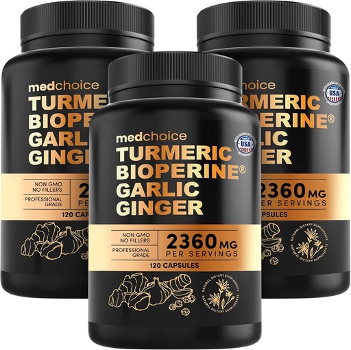 [BRSRMYD6BMJWKCDJ] 4-in-1 Turmeric and Garlic Supplements with BioPerine – 2360mg Turmeric Ginger Root Capsules with Garlic – High Potency Herbal Blend (120 ct, Pack of 3)