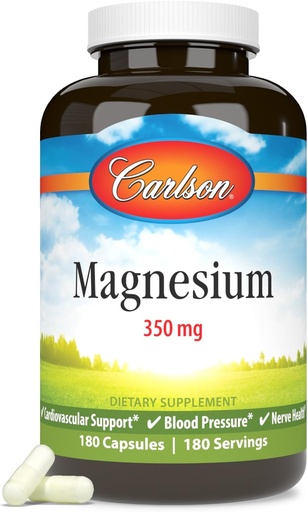 [BRSWIYILCUAAADLC] Carlson - Magnesium, 350 mg, Dukungan Kardiovaskular, Fungsi Otot & Kesehatan Nerve, 180 kapsul
