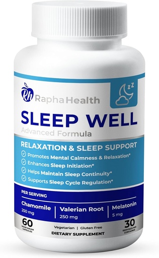 [BRSROHY3BMFBAET5] Sleep Well | Natural Sleep Aid with Magnesium Glycinate, Valerian Root, and Chamomile | Non-Habit Forming | 60 Capsules - 30 Nights of Restful Sleep