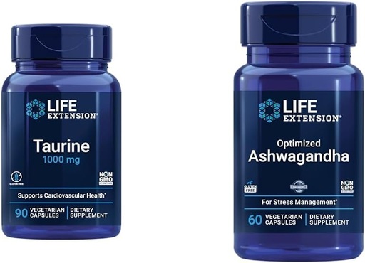 [BRSRAYIFCMIAYGY7] Elu pikendamine Taurine 1000mg ja Ashwagandha 60 kapslid - Aju, süda, maksa tervis ja stress Management Supplement Bundle