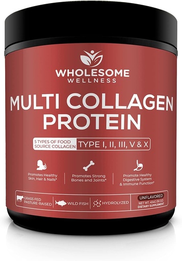 [BRSWGHT5PMBWAEL2] Wholesome Wellness Multi Collagen Protein Powder Hydrolyzed (Type I II III V X) Grass-Fed All-in-One Super Bone Broth + Peptides - Premium Blend of Beef, Chicken, Wild Fish, Eggshell, 58 Servings