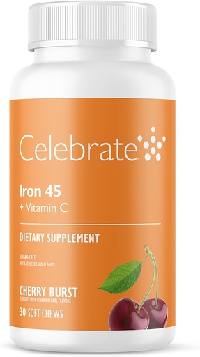 [BRSWYEAZBZ4B6D3F] Celebrate Vitamins Iron Supplement with Vitamin C - 45mg Iron, 60mg Vitamin C, Bariatric Vitamins for WLS Patients, Vertical Sleeve & Gastric Bypass Surgery - Cherry, 30 Soft Chews