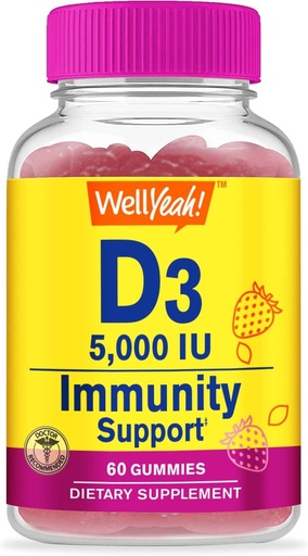 [BRSW2GIEAQNW2H3X] Eh bien oui Vitamine D3 5000 UI (125 mcg) Gommies extra-strength -pour la santé des os, le booster immunitaire, le os et les dents Support -Non OGM, sans gluten, sans noix, végétarien - Arôme des mûres -60 Gommies