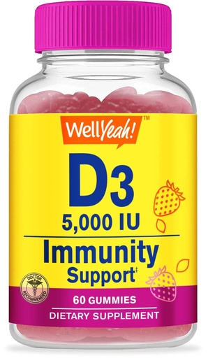 [BRSW2GIEAQNW2H3X] WellYeah Vitamin D3 5000 IU (125 mcg) Extra Strenght Gummies -for Bone Health, Immune Booster, Bone and Teeth Support -Non GMO, Gluten Free, Nut Free, Vegetarian -Strawberry Flavor -60 Gummies