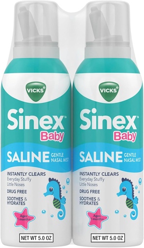 [BRSROZINPMOQ2D3Z] VICKS Sinex Baby Saline Nasal Spray, Drug Free Gentle Nasal Mist, Instantly Clears Everyday Stuffy Little Noses, Soothes & Hydrates, Safe For Daily Use, Gentle For All Ages, 5 OZ x 2