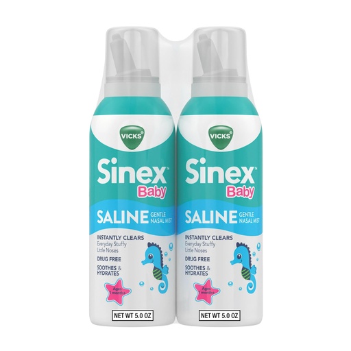 [BRSROZINPMOQ2D3Z] VICKS Sinex Baby Saline Nasal Spray, Drug Free Gentle Nasal Mist, Instantly Clears Everyday Stuffy Little Noses, Soothes & Hydrates, Safe For Daily Use, Gentle For All Ages, 5 OZ x 2