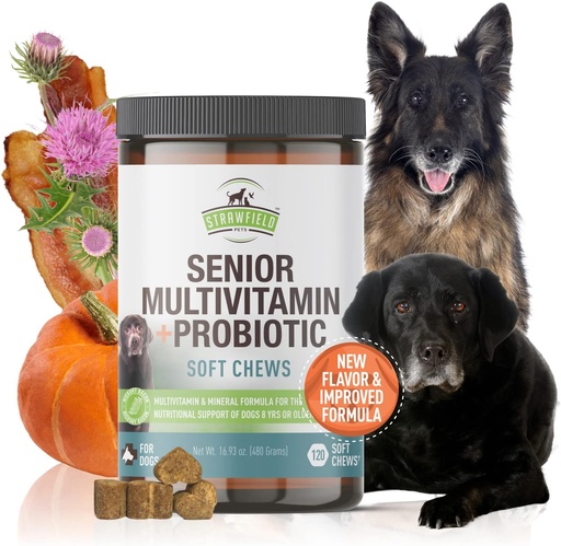 [BRSRMBL5DJ7RU3AU] Strawfield Pets Senior Multivitamin + Probiotics for Dogs with Milk Thistle Joint Support Supplement for Dogs Bacon Flavor 120 Soft Chews