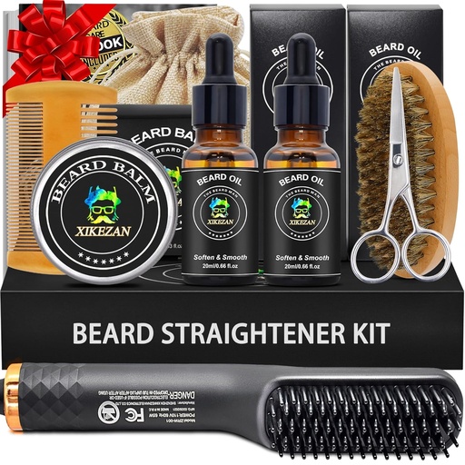 [BRSWYCAQBYPBSCTF] XIKEZAN Beard Kit for Men Grooming & Straightening Set,w/Beard Straightener, 2 Pack Oil, Balm, Comb, Scissor, Brush, Birthday Valentines Gifts for Him Dad Men Boyfriend Christmas Stocking Stuffers