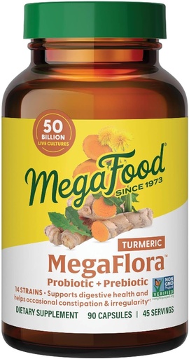 [BRSWKZDZA4DRGDD4] MegaFlora Probiotikas + Prebiotikas Turmeric Papildinājums - Prebiotikas un probiotikas sievietēm un vīriešiem, Gremošanas veselība, 50 miljardi KVV, 14 Celmi - 90 kapsulas (45 Kalpo)