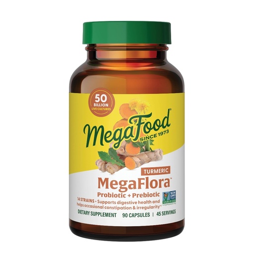 [BRSWKZDZA4DRGDD4] MegaFood MegaFlora Probiotics + Prebiotics Turmeric Supplement - Prebiotics and Probiotics for Women and Men, Digestive Health, 50 Billion CFUs, 14 Strains - 90 Capsules (45 Servings)