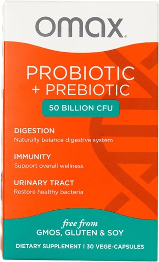 [BRSWGZIOAQAQ4HTV] Omax Prebiótico &amp; Probiótico 50 Billion CFU + Chicory Inulin, 10 Strains, Reduce Bloating, Digestion, SIBO, Leaky Gut, Vaginal pH, Acidophilus, Vegan, Dairy Free, Gluten Free, Blister Envasado