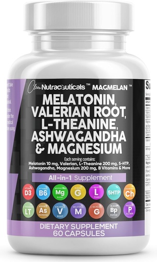 [BRSRMBILDJ7RYH3J] Clean Nutraceuticals Melatonin 10mg Valerian Root L Theanine 200mg Ashwagandha - Sleep Support for Women & Men with Magnesium Complex, Lemon Balm, Chamomile, & Passion Flower - 60 Caps