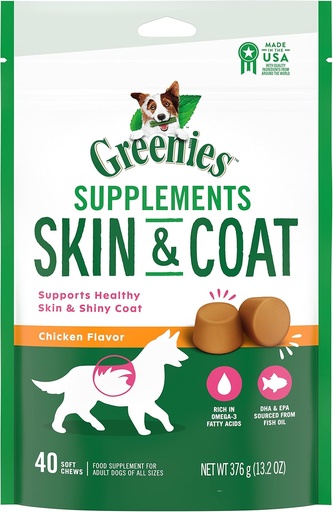 [BRSW2AYPCMHWYE35] GREENIES Skin & Coat Food Supplements With Fish Oil & Omega 3 Fatty Acids, 40-Count Chicken-Flavor Soft Chews for Adult Dogs of All Sizes