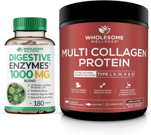 [BRSRAY3YPN5WCDTD] Wholesome Wellness Digestive Enzymes 1000MG Plus Prebiotics & Probiotics Supplement + Multi Collagen Protein Powder Hydrolyzed (Type I II III V X) Bundle
