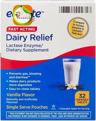 [BRSRAYIEAAHRM3A2] Equate Fast Acting Dairy Relief Lactase Enzyme Dietary Supplement Vanilla Flavor chewables Tablets 32 Count (Pack of 1) + CreativeAndBundle Sticker
