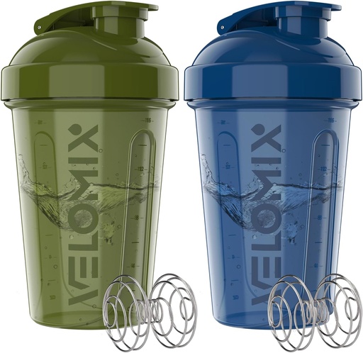 [BRSRAGQNOAARGEQ2] VELOMIX -2 Pack- 20 oz Protein Shaker Bottles for Protein Mixes - 2x Wire Whisk | Leak Proof Shaker Cups for Protein Shakes and Pre Workout | Protein Shaker Bottle Pack (Green/Blue)