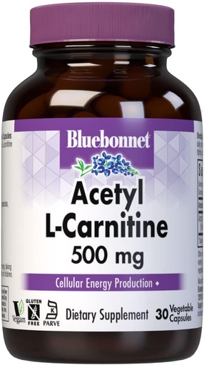 [BRSWIYQZAAMQE3Y3] Bluebonnet Nutrition Acetyl L-Carnitine, Transports Fatty Acids, Boosts Cellular Energy, Soy & Gluten-Free, Kosher Certified, Vegan, 30 Vegetable Capsules, White, 500mg