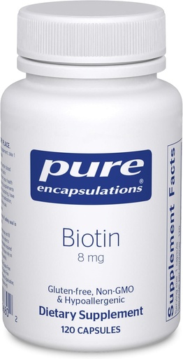 [BRSWIY37CIIWCC3O] Pure Encapsulations Biotin 8 mg - B Vitaminas priedas prie pagalbos streso, plaukų, odos ir nagų stiprinimas, metabolizmas, angliavandenių palaikymas ir nervų sistema * - su Premium Biotin - 120 kapsulių