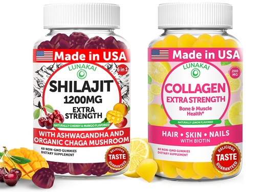 [BRSRABQCCIFRY3A3] Lunakai USA Made Shilajit & Collagen Extra Strength Gummies Bundle – Energy, Hair, Skin, and Nail Support – Delicious & Non-GMO